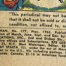 Load image into Gallery viewer, 1965 Superman DC Comic Book #177 12 Cent Batman Advertising
