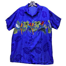 Load image into Gallery viewer, Vintage Hawaiian Shirt Mens Medium Blue AOP Parrot Wrap Around Costal Beachy