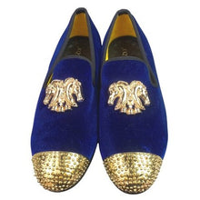 Load image into Gallery viewer, XQWFH Loafers Mens 9 Blue Velvet Gold Studded Dress Shoes Slip On