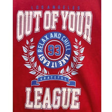 Load image into Gallery viewer, Out of Your League Sweatshirt Womens Medium Varsity AOP Spell Out Pull Over