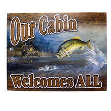 Load image into Gallery viewer, Our Cabin Welcomes All Sign Bass Fishing Lodge Lake House Decor