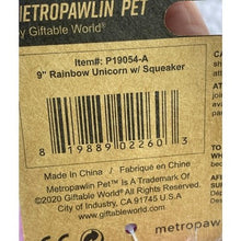 Load image into Gallery viewer, Unicorn Dog Toy Plush Squeaker Hypoallergenic Durable MetroPawlin Pet 9" Rainbow