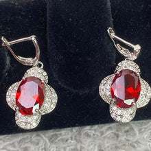 Load image into Gallery viewer, Red Crystal Clover Necklace Earrings Ring Jewelry Set Silver Tone Gift Box