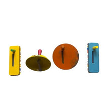 Load image into Gallery viewer, Four Vintage Tin Litho Noise Makers Wooden Handles US Metal Toy Clacker Festival