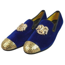 Load image into Gallery viewer, XQWFH Loafers Mens 9 Blue Velvet Gold Studded Dress Shoes Slip On