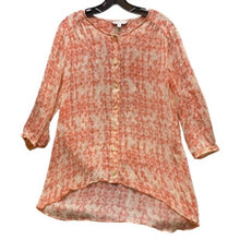 Load image into Gallery viewer, Cabi Blouse Womens Large Button Down Silk Tunic High Low Hem Geometric Sheer