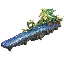 Load image into Gallery viewer, Dragon Incense Burner Holder Fantasy Green Metallic Blue Crystal Resin