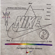 Load image into Gallery viewer, Nike Shirt Mens Medium White Spell Out Center Swoosh Rainbow Spectrum Mind Body