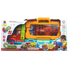 Load image into Gallery viewer, Semi-Truck Trailer Playset Lights Music Racecar Toy Toolbox Kids 3+ 36 Pieces