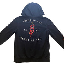 Load image into Gallery viewer, Trust No One Hoodie Mens Small Embroidered Snake Double Sleeve Hit Pullover