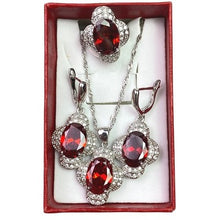 Load image into Gallery viewer, Red Crystal Clover Necklace Earrings Ring Jewelry Set Silver Tone Gift Box