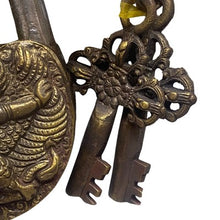 Load image into Gallery viewer, Garuda Padlock Antiqued Brass Lock Ornate Keys Bird Hindu God Working