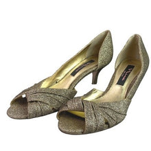 Load image into Gallery viewer, Nina New York Shoes Womens 7M Gold Glitter Open Toe Heels Cocktail Festival