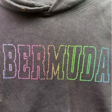 Load image into Gallery viewer, Bermuda Hoodie Mens Medium Rainbow Spell Out Sleeve Hits AOP Grunge Streetwear