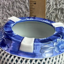 Load image into Gallery viewer, Antique Japanese Ashtray Porcelain Blue White Floral Lattice Stamped Trinkets