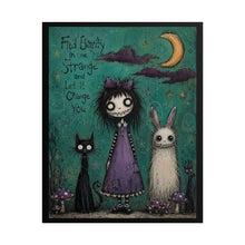Load image into Gallery viewer, Find Beauty in the Strange Poster – Cute Gothic Girl with Cat & Bunny Wall Art