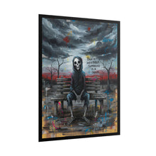 Load image into Gallery viewer, Rolled Poster — Grim Skeleton Bench Art Print with 'Pain is Inevitable, Suffering is a Choice'
