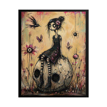 Load image into Gallery viewer, Gothic Girl on Skull Art Poster — Whimsical Dark Fantasy Rolled Print