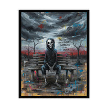 Load image into Gallery viewer, Rolled Poster — Grim Skeleton Bench Art Print with 'Pain is Inevitable, Suffering is a Choice'