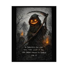 Load image into Gallery viewer, Grinning Reaper Poster — "In Darkness You Can Still Find Light" Halloween Wall Art