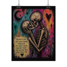 Load image into Gallery viewer, Rolled Poster - Vibrant Skeleton Couple 'Falling in Love' Art Print (Romantic Gothic Wall Art)