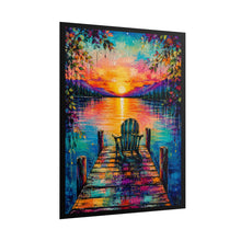 Load image into Gallery viewer, Vibrant Sunset Lake Dock Poster - Peaceful Adirondack Chair Landscape Wall Decor