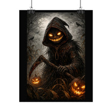 Load image into Gallery viewer, Halloween Scarecrow Poster — Spooky Jack-o'-Lantern Grim Reaper Wall Art (Rolled Poster)
