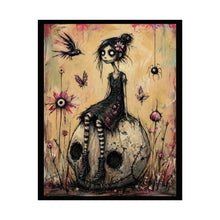 Load image into Gallery viewer, Gothic Girl on Skull Art Poster — Whimsical Dark Fantasy Rolled Print