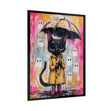 Load image into Gallery viewer, Cat in Raincoat Poster – Cute Whimsical Black Cat with Umbrella & Ghosts Rolled Art Print