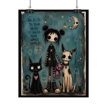 Load image into Gallery viewer, Gothic Cute 'Be Kind to Your Mind' Rolled Art Poster — Whimsical Girl with Cats