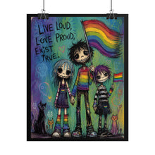 Load image into Gallery viewer, Whimsical Creepy Cute Goth Friends Holding Rainbow Flag Canvas Poster - LGBTQ+ Pride Wall Art