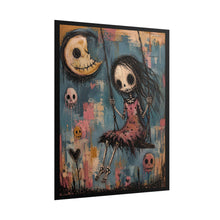 Load image into Gallery viewer, Skeleton Girl on Swing Under Crescent Moon – Pastel Goth Fine Art Rolled Poster