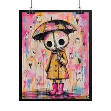 Load image into Gallery viewer, Cute Skeleton Girl Poster — Pink Raincoat & Ghosts Rolled Art Print
