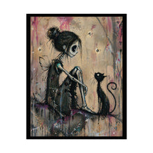 Load image into Gallery viewer, Gothic Girl & Cat Art Poster — Moody Dark Fairy Illustration (Rolled Poster)