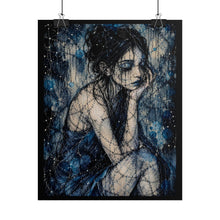 Load image into Gallery viewer, Dark Blue Gothic Girl Art Print – Pensive Stitched Melancholy Woman Wall Decor