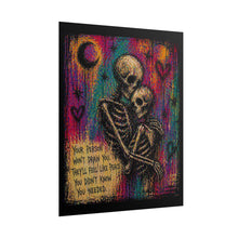 Load image into Gallery viewer, Rolled Poster — Skeleton Couple Hug Art Print with Quote “Your person won’t drain you; they’ll feel like peace you didn’t know you needed”