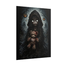 Load image into Gallery viewer, Horror Girl with Teddy Poster — Creepy Halloween Wall Art, Dark Gothic Nursery Print