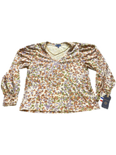 Load image into Gallery viewer, Democracy Shirt Womens Extra Large Tan Lavender AOP Floral Ruffle Trim Boho NWT
