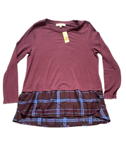 Load image into Gallery viewer, LOFT Sweater Womens Large Petite Burgundy Flounce Plaid Tunic Rayon Nylon NWT