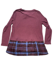 Load image into Gallery viewer, LOFT Sweater Womens Large Petite Burgundy Flounce Plaid Tunic Rayon Nylon NWT