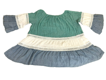 Load image into Gallery viewer, KAKTUS Shirt Womens Large Blue Green White Flare Peasant Boho Lace Trim Blouse