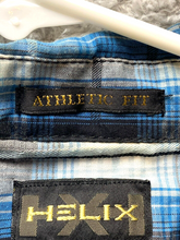 Load image into Gallery viewer, Helix Shirt Adult Medium Blue Black Plaid Athletic Fit Button Up Roll Tab Mens