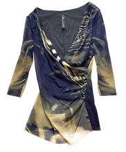 Load image into Gallery viewer, Elaua Kattau Shirt Womens Medium Navy Taupe Wrap Overlay Grunge USA Blouse Lady