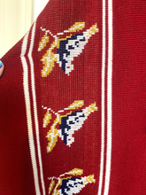 Load image into Gallery viewer, Vintage Bird Sweater Womens Red Poncho Cape Fringe Tie Hippie Glamping Ladies