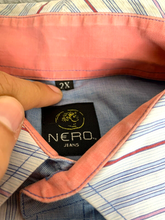 Load image into Gallery viewer, NERO Jeans Shirt Adult 2X Blue Button Up Mismatch Striped 2 Sided Casual Mens