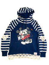 Load image into Gallery viewer, Mickey & Minnie Mouse Sweatshirt Womens Medium Crochet Lace Trim Hoodie Disney