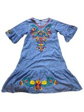 Load image into Gallery viewer, Foxy Women Dress Womens Medium Blue Embroidered Flower Denim Flared Grandmacore