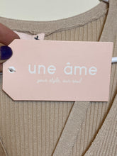 Load image into Gallery viewer, UNE AME Dress Womens Small Champagne Ribbed Knit Bodycon Nylon Pearl Buttons NWT