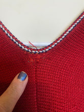 Load image into Gallery viewer, Vintage Bird Sweater Womens Red Poncho Cape Fringe Tie Hippie Glamping Ladies