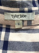 Load image into Gallery viewer, Tyler Boe Shirt Womens Large Pink Navy Flannel Plaid Snap Blouse Roll Tab Tunic
